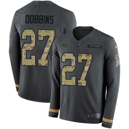 Nike Ravens #27 J.K. Dobbins Anthracite Salute to Service Youth Stitched NFL Limited Therma Long Sleeve Jersey